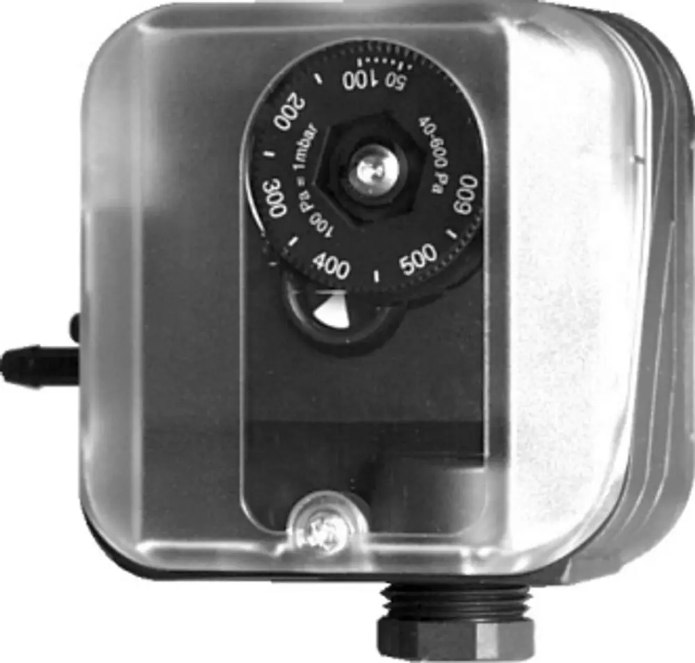 Differenzdruckschalter mit Anzeige und Einstellrad, zur Filterüberwachung, geeignet für TLH, von der Marke Wolf. Sieht aus wie ein kompakter elektronischer Sensor.